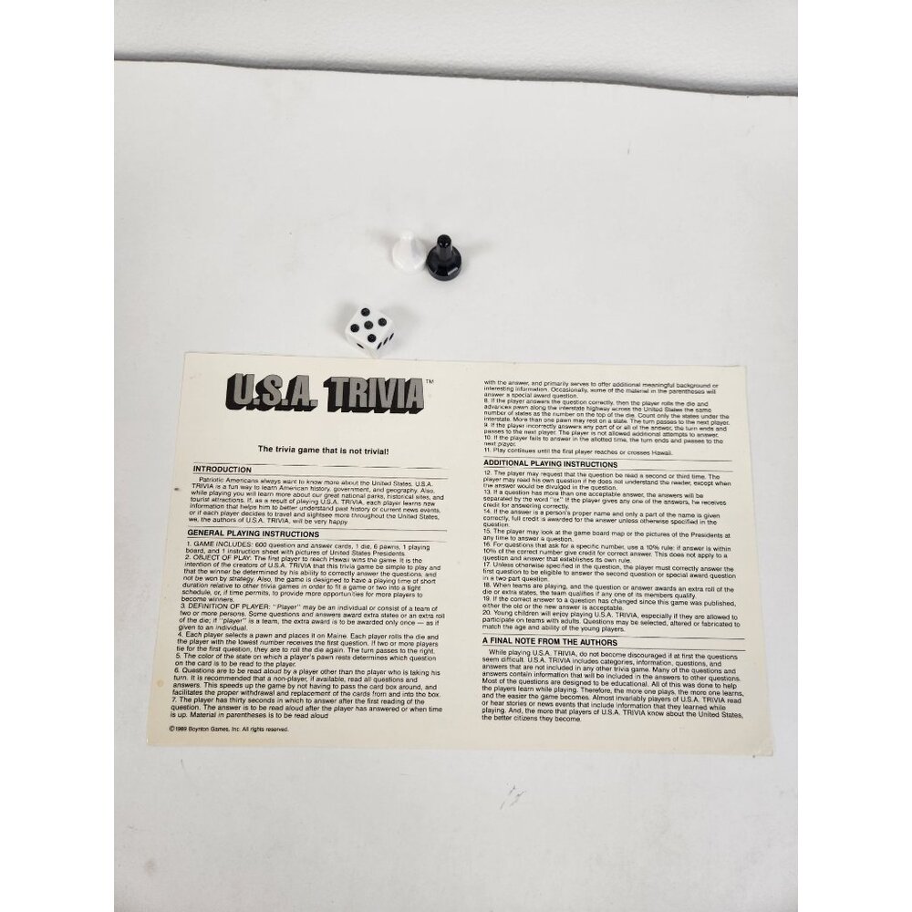 Vintage 1989 USA Trivia Game Replacement Piece Part dice instructions 2 pawns Re